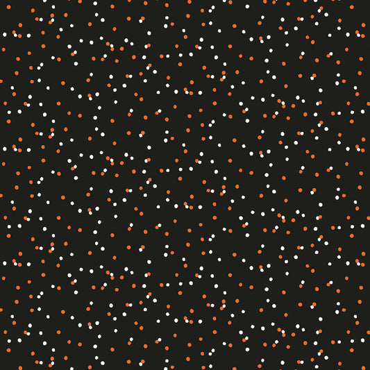 Fabric with a pattern of black and orange dots on a Black background Australia