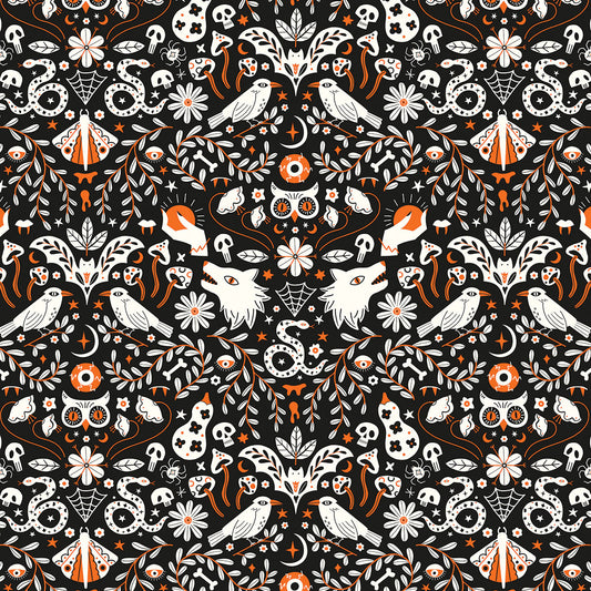 Wolf Decorative patterned fabric with birds, flowers, and other halloween elements on a black background