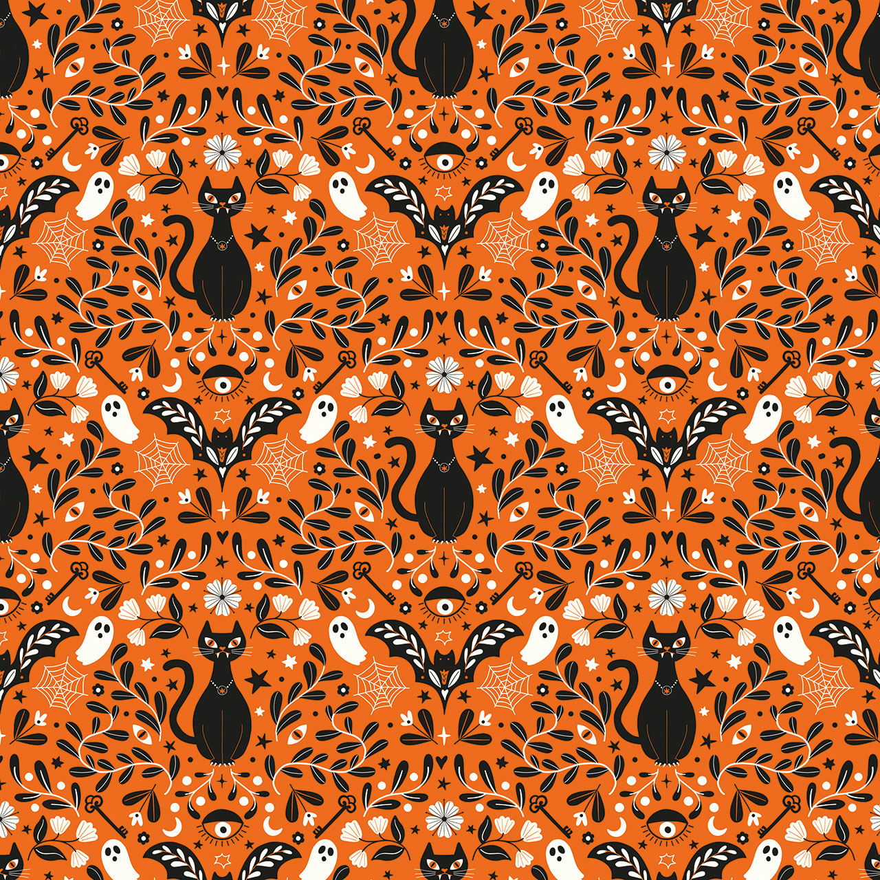 Halloween-themed pattern with black cats, bats, ghosts, and flowers on an orange background fabric. Australia