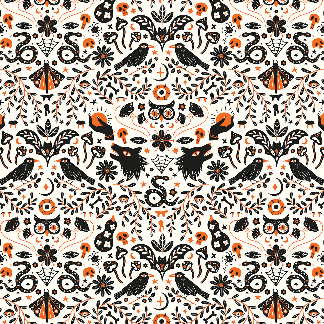 Halloween-themed fabric with black, orange, and white design elements on a white background. Australia