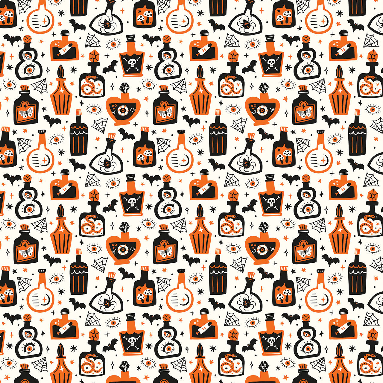 Halloween-themed fabric with potion bottles, ghosts, and bats on a white background. Australia