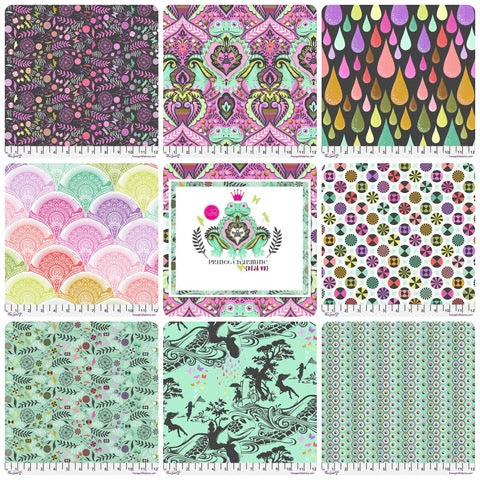 Tula Pink’s Prince Charming fabric collection featuring whimsical fairy-tale inspired prints in vibrant pink, purple, blue, green, and orange tones. The designs include playful woodland creatures, castles, crowns, florals, and intricate decorative motifs arranged across colourful quilting fabrics. Australia