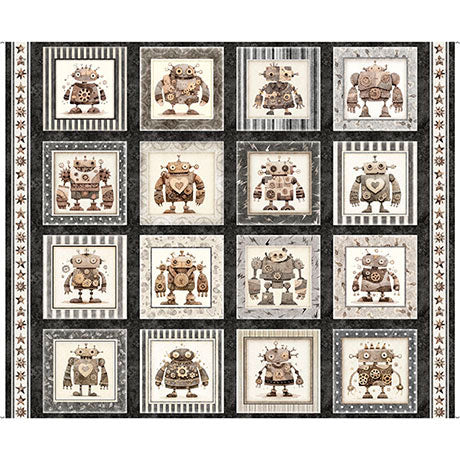 Pattern of robot illustrations in a grid layout with decorative black border