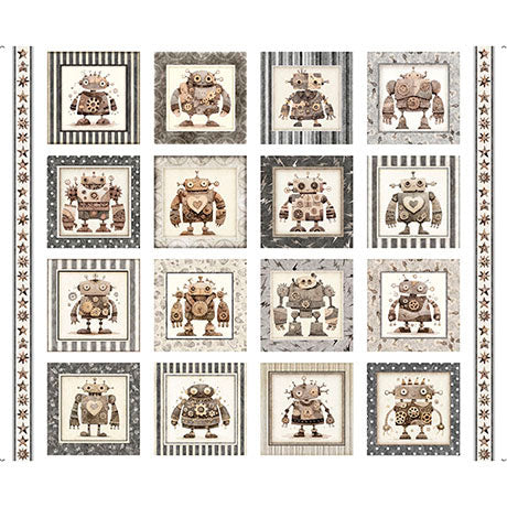 Pattern of robot illustrations in various frames on a white background