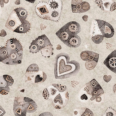 Pattern of hearts with gear-like details on a taupe background