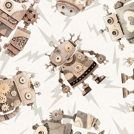 Pattern of mechanical robots on a beige background