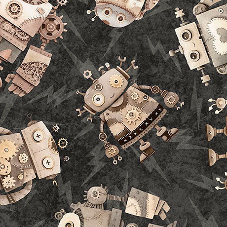 Pattern of mechanical robots and gears on a dark background