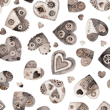 Pattern of heart-shaped gears on a white background