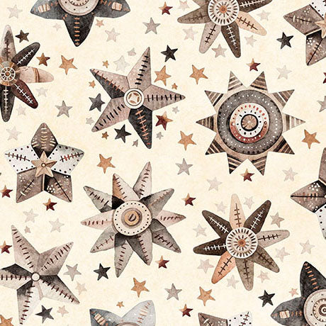 Pattern of star-shaped objects with circular centers on a cream background