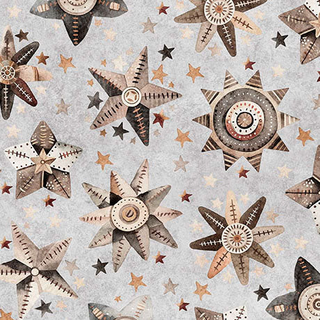 Pattern of star-shaped objects with central circular designs on a gray background