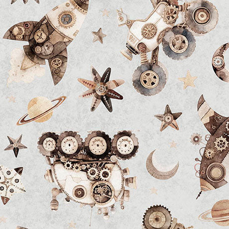 Pattern of mechanical gears, stars, planets and Vehicles on a grey background