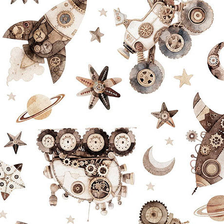 Pattern of vintage-style space-themed illustrations including rockets, planets, stars and vehicles on a white background.