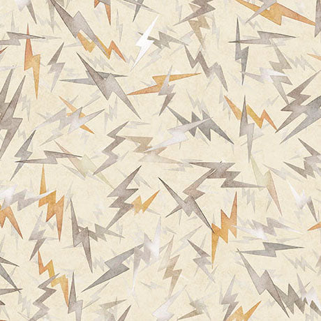 Pattern of lightning bolt shapes in gold, silver, and grey on a cream background