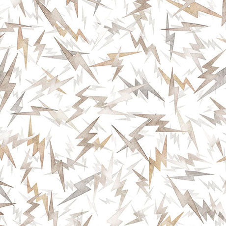 Pattern of lightning shapes in gold, silver, and white on a white background