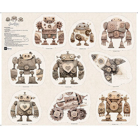 Sheet of robot-shaped toys with intricate designs on a beige background