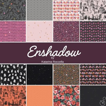 Collage of various fabric patterns with 'Enshadow by Katarina Roccella' Australia