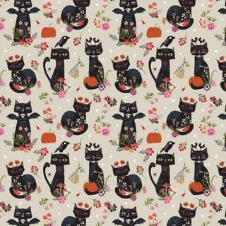Pattern of black cats, pumpkins, and flowers on a beige quilting cotton background, Australia