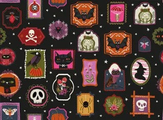 Halloween-themed fabric with various spooky designs on a black quilting cotton background, Australia