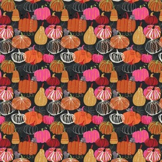 Pattern of colourful pumpkins and gourds print on a black quilting cotton, Australia