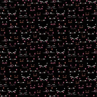 Spooky Halloween fabric featuring a repeating pattern of pink cat eyes and bones on a black background, Australia