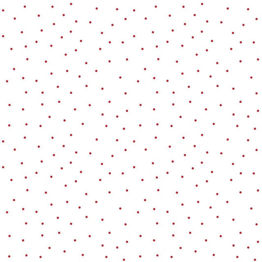 A repeating pattern of small dark red dots on a white quilting cotton, Australia