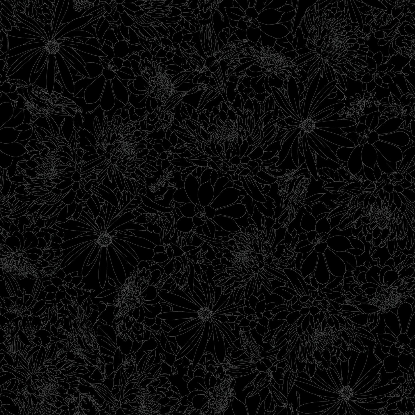 Black fabric featuring a dense, repeating pattern of grey floral line art, Australia