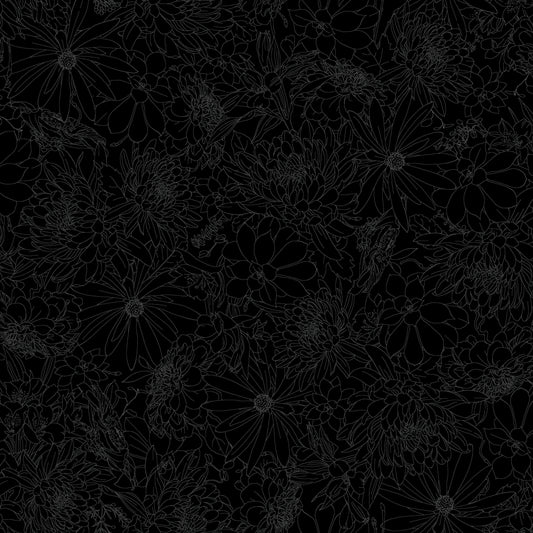 Black fabric featuring a dense, repeating pattern of grey floral line art, Australia