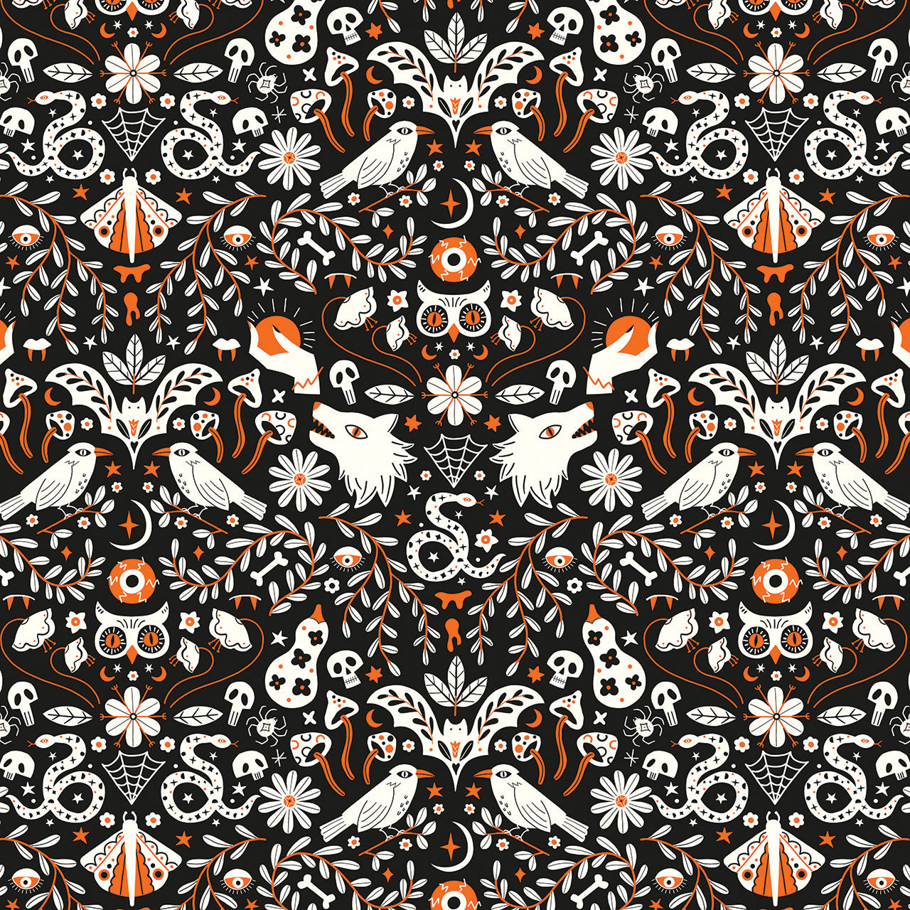 Wolf Decorative patterned fabric  with birds, flowers, and other halloween elements on a black background