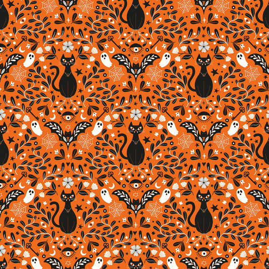 Halloween-themed pattern with black cats, bats, ghosts, and flowers on an orange background fabric. Australia 