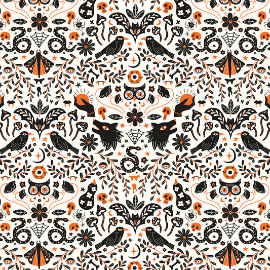 Halloween-themed fabric with black, orange, and white design elements on a white background. Australia