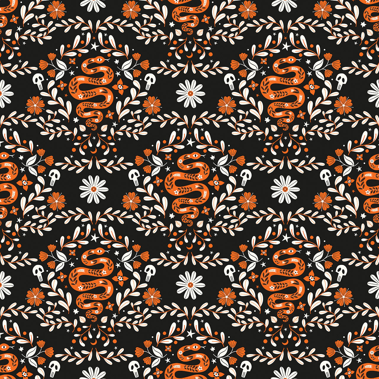 Halloween Fabric with Pattern of orange serpents, skulls and white flowers on a black background. Australia