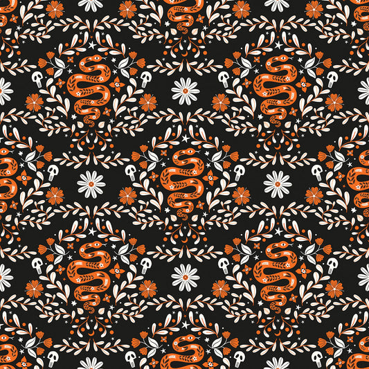 Halloween Fabric with Pattern of orange serpents, skulls and white flowers on a black background. Australia