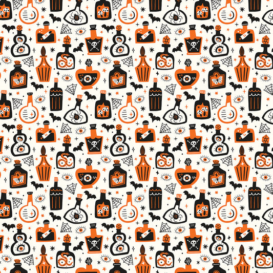 Halloween-themed fabric with potion bottles, ghosts, and bats on a white background. Australia
