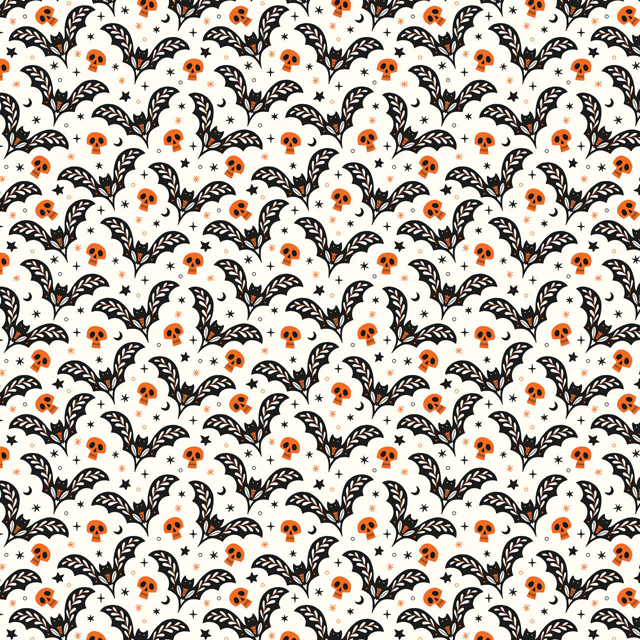 Halloween-themed fabric with black bats, orange skulls, and black leaves on a white background, Australia 