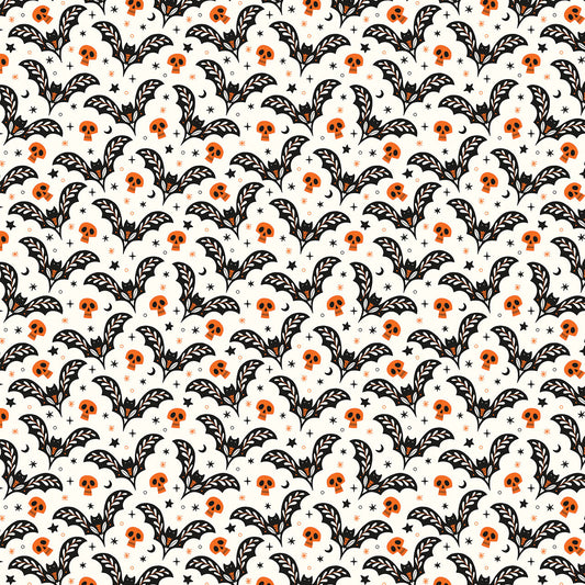Halloween-themed fabric with black bats, orange skulls, and black leaves on a white background, Australia 