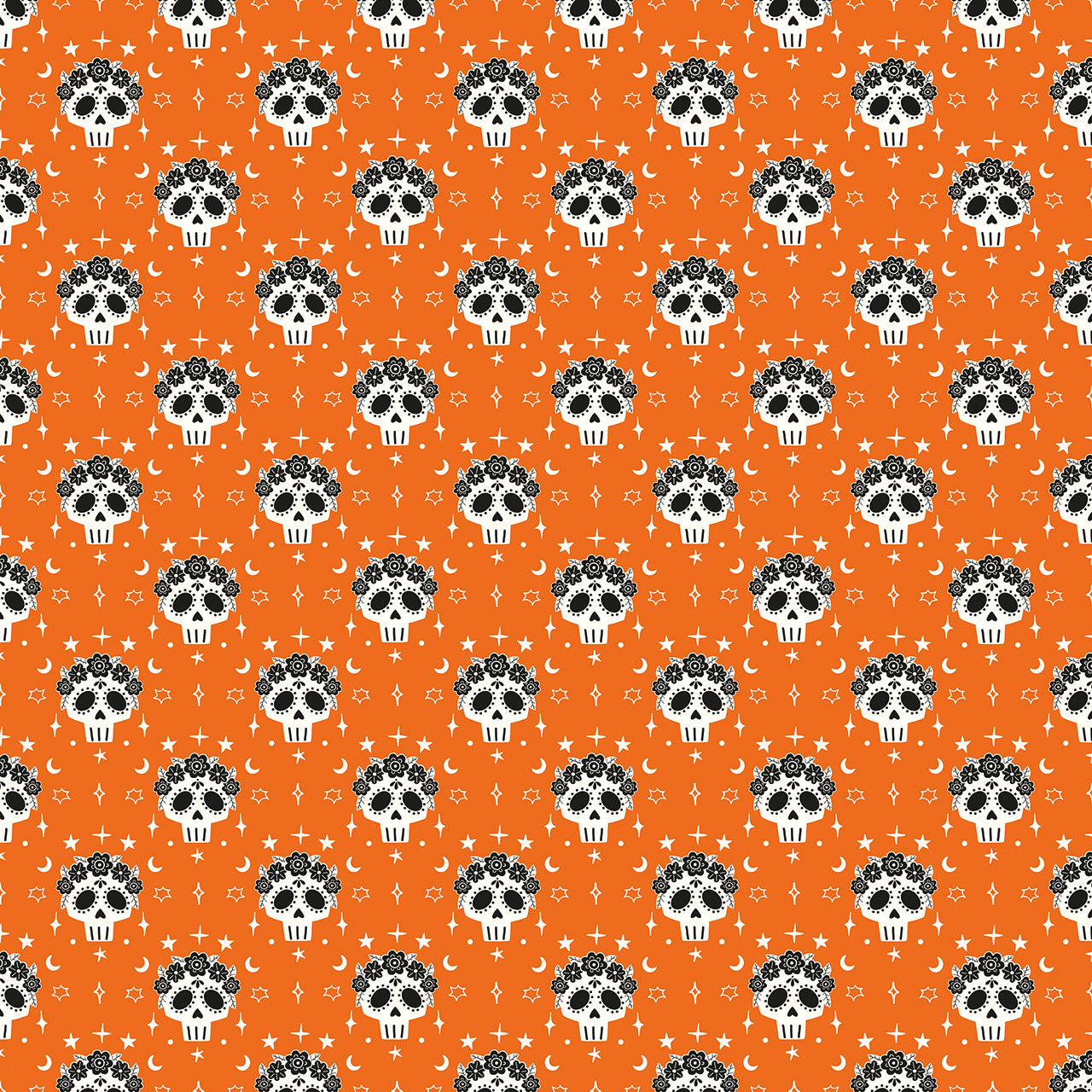 Pattern of white skulls with black accents on an orange background fabric, Australia