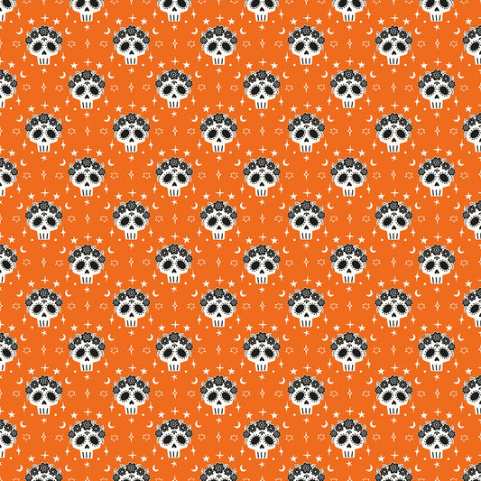 Pattern of white skulls with black accents on an orange background fabric, Australia