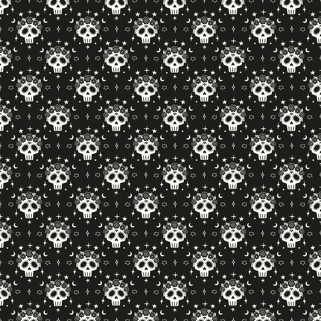 Fabric with a Pattern of white skulls and stars on a black background