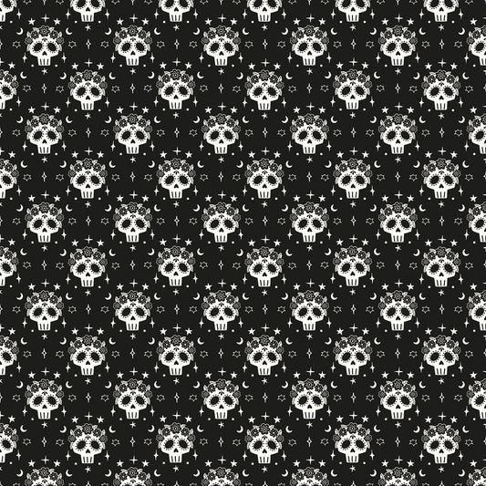 Fabric with a Pattern of white skulls and stars on a black background