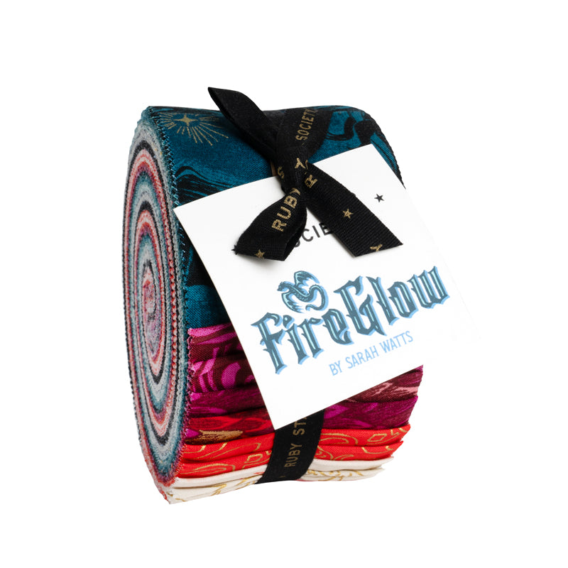 Bundle of 40 pre-cut 2.5-inch fabric strips from the Fireglow collection, featuring fantasy-themed prints in vibrant jewel tones and warm glowing colors.