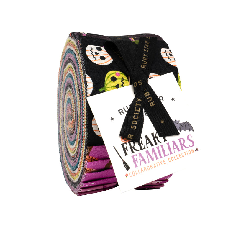 Jelly Roll of fabric with 'Freak Familiars' design on a white background, 2.5" strips of 40 fabrics 