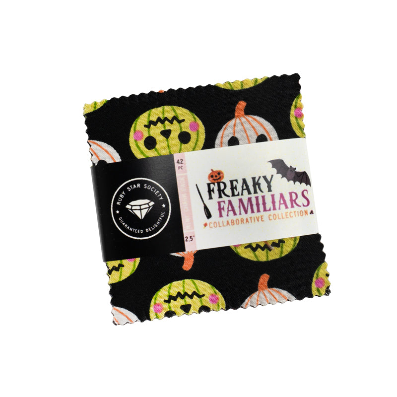 Fabric square with Halloween-themed design and 'Freaky Familiars' label on a white background, 2.5"x2.5" mini harm pack 