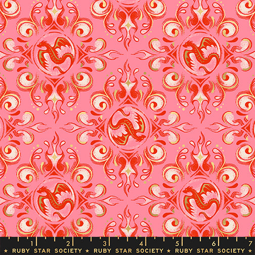 Red decorative dragon fabric with intricate patterns and emblems on a pink and metallic background Ruby Star Society RS2136_12M Australia