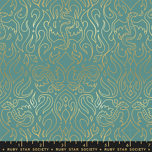 Fireglow Metallic Watercress Patterned fabric with gold designs on a teal background, RS2137 13M Ruby Star society