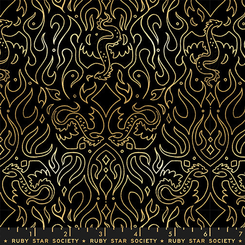 Gold dragon pattern on black fabric by Ruby Star Society_fireglow
