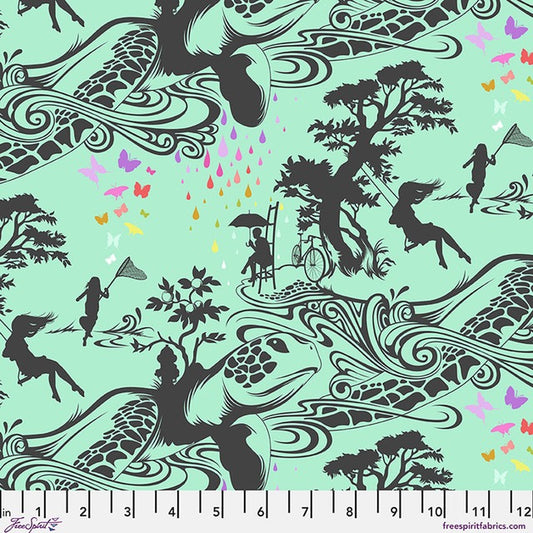 Fabric pattern with black silhouettes of people and turtles on a light green background, featuring a ruler at the bottom, perfect for quilting, patchwork, and sewing projects. Australia
