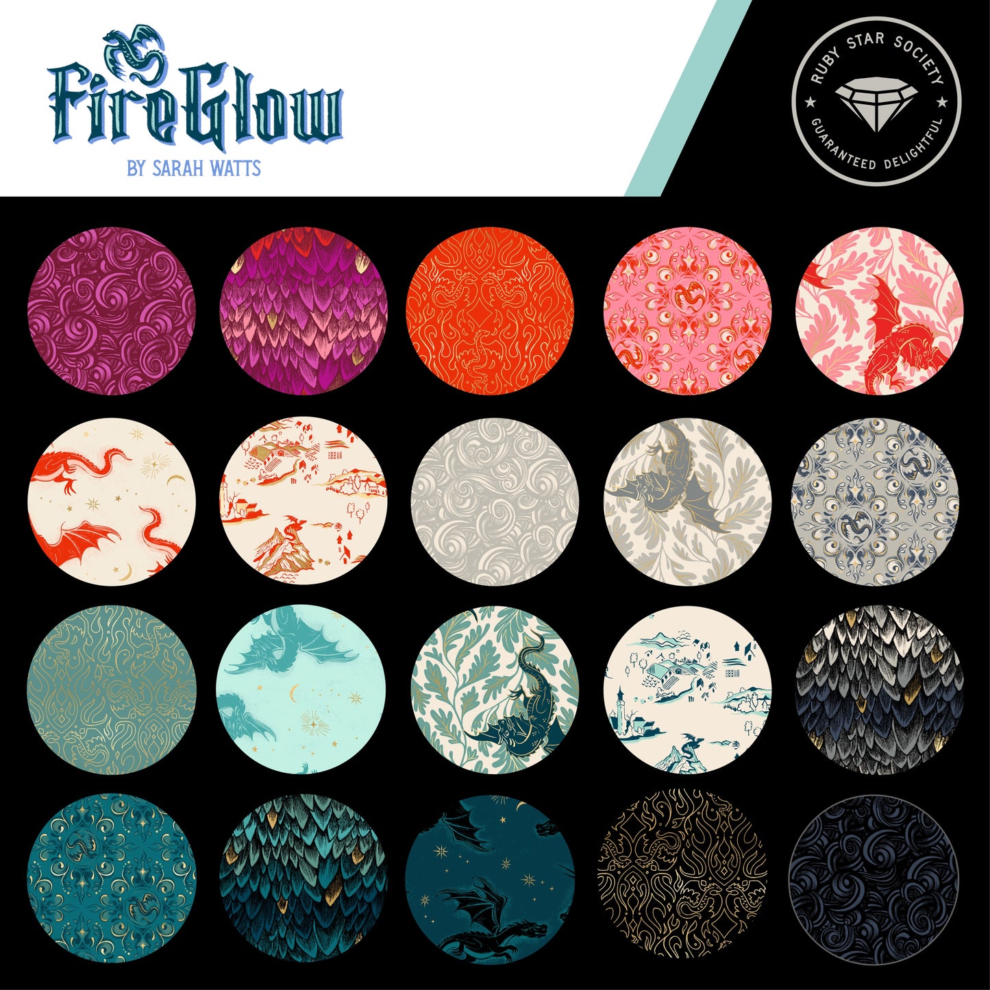 Photos of the entire fireglow collection of metallic teal oyster poinsettia fabrics from Sarah watts at ruby star society 
Australia